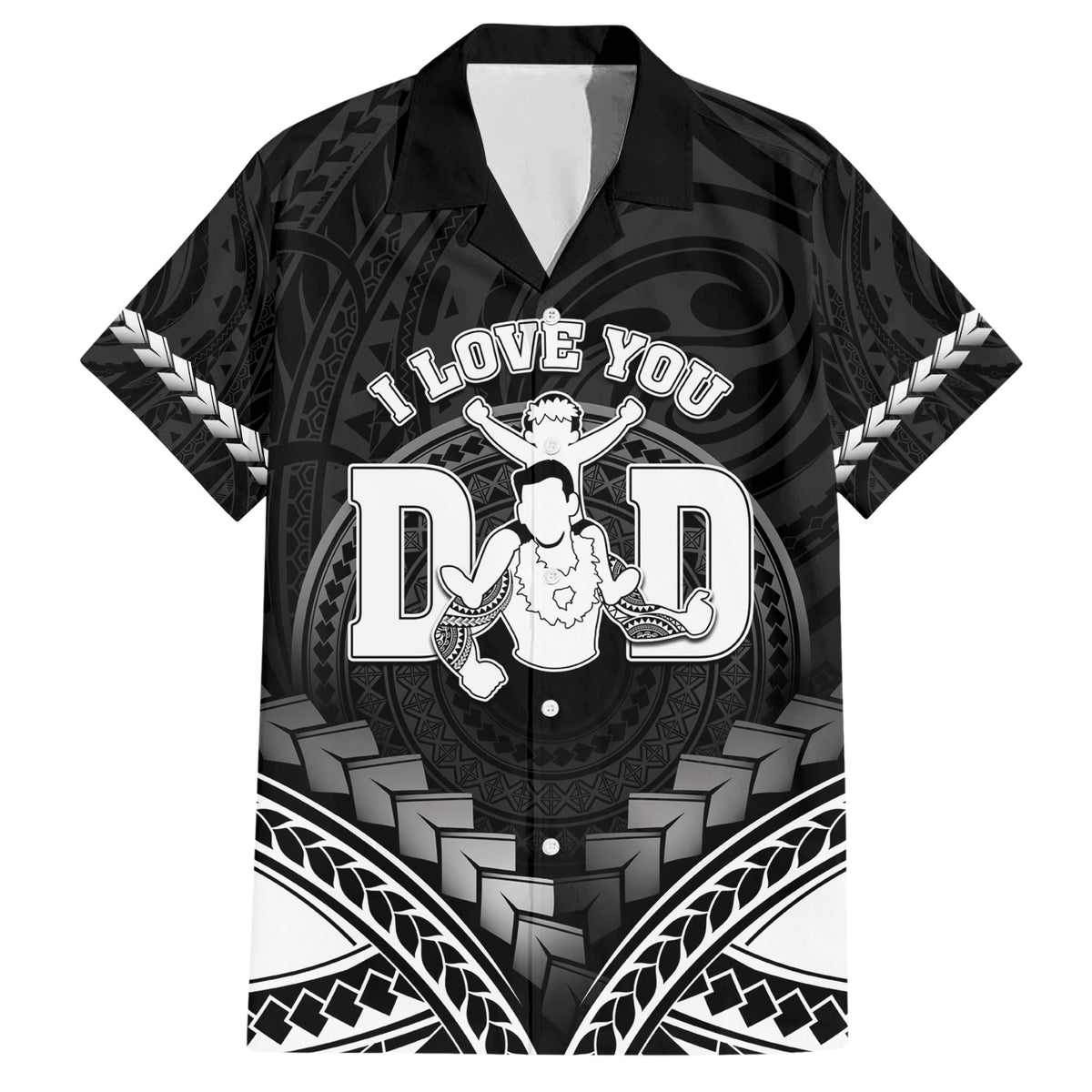 Personalised Happy Father's Day Family Matching Short Sleeve Bodycon Dress and Hawaiian Shirt I Love You Dad Polynesian Style LT05 Dad's Shirt - Short Sleeve Black - Polynesian Pride