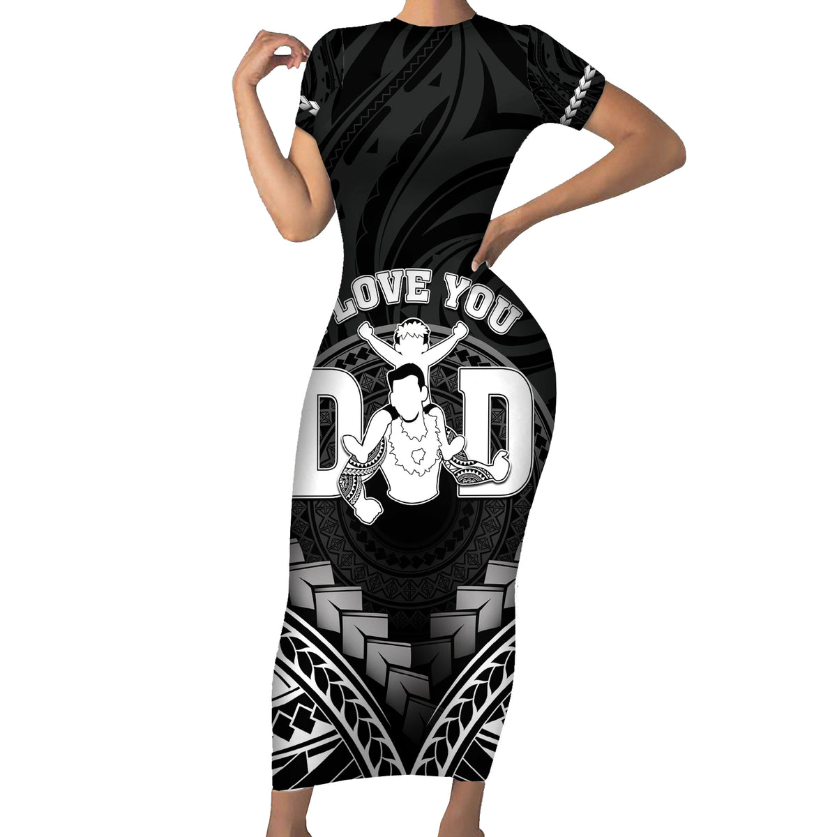 Personalised Happy Father's Day Family Matching Short Sleeve Bodycon Dress and Hawaiian Shirt I Love You Dad Polynesian Style LT05 Mom's Dress Black - Polynesian Pride