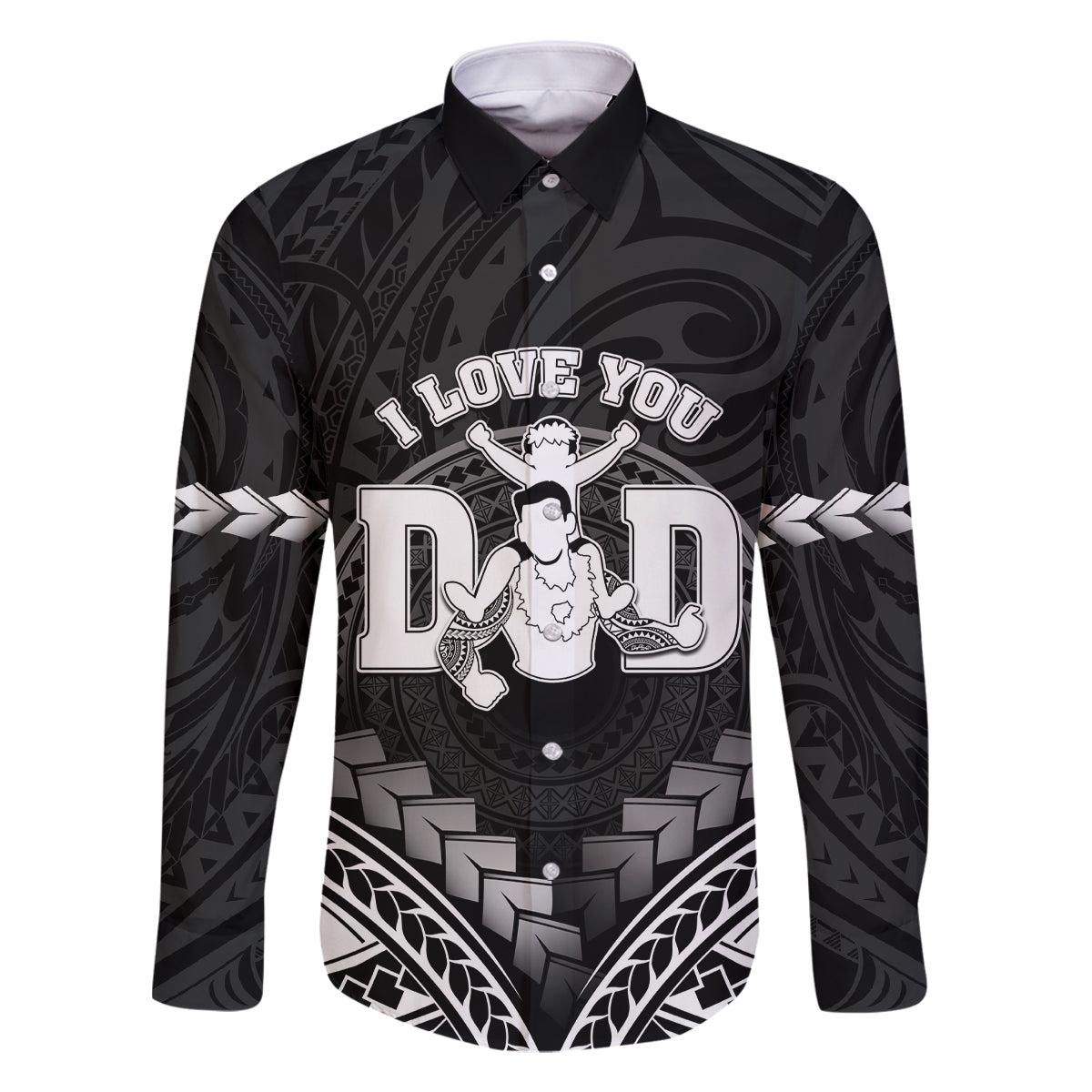 Personalised Happy Father's Day Family Matching Summer Maxi Dress and Hawaiian Shirt I Love You Dad Polynesian Style LT05 Dad's Shirt - Long Sleeve Black - Polynesian Pride