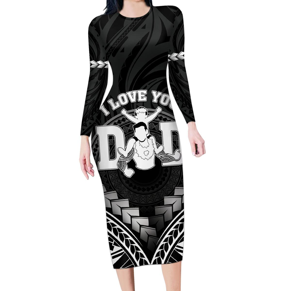 Personalised Happy Father's Day Long Sleeve Bodycon Dress I Love You Dad Polynesian Style LT05 Long Dress Black - Polynesian Pride