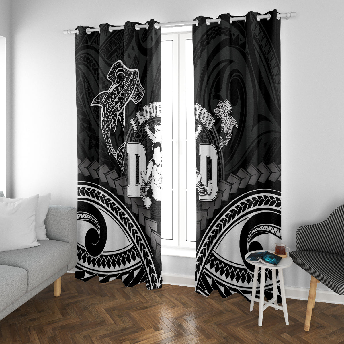 Happy Father's Day Window Curtain I Love You Dad Polynesian Style LT05 With Grommets Black - Polynesian Pride