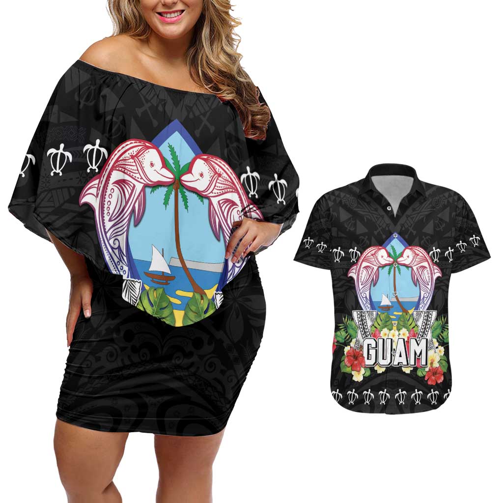 Guam Chamorro Couples Matching Off Shoulder Short Dress and Hawaiian Shirt Tribal Latte Stone With Dolphins Black