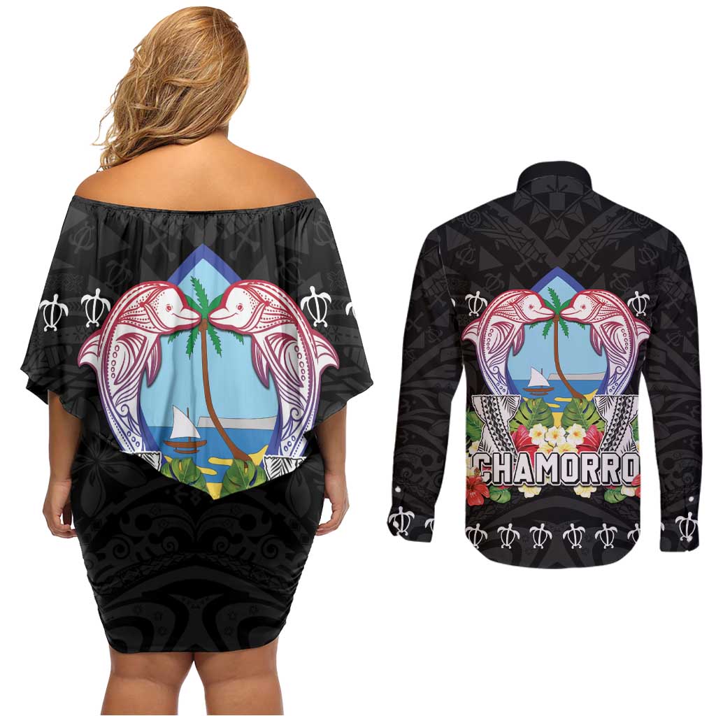 Guam Chamorro Couples Matching Off Shoulder Short Dress and Long Sleeve Button Shirt Tribal Latte Stone With Dolphins Black