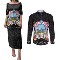 Guam Chamorro Couples Matching Puletasi and Long Sleeve Button Shirt Tribal Latte Stone With Dolphins Black