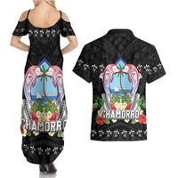 Guam Chamorro Couples Matching Summer Maxi Dress and Hawaiian Shirt Tribal Latte Stone With Dolphins Black