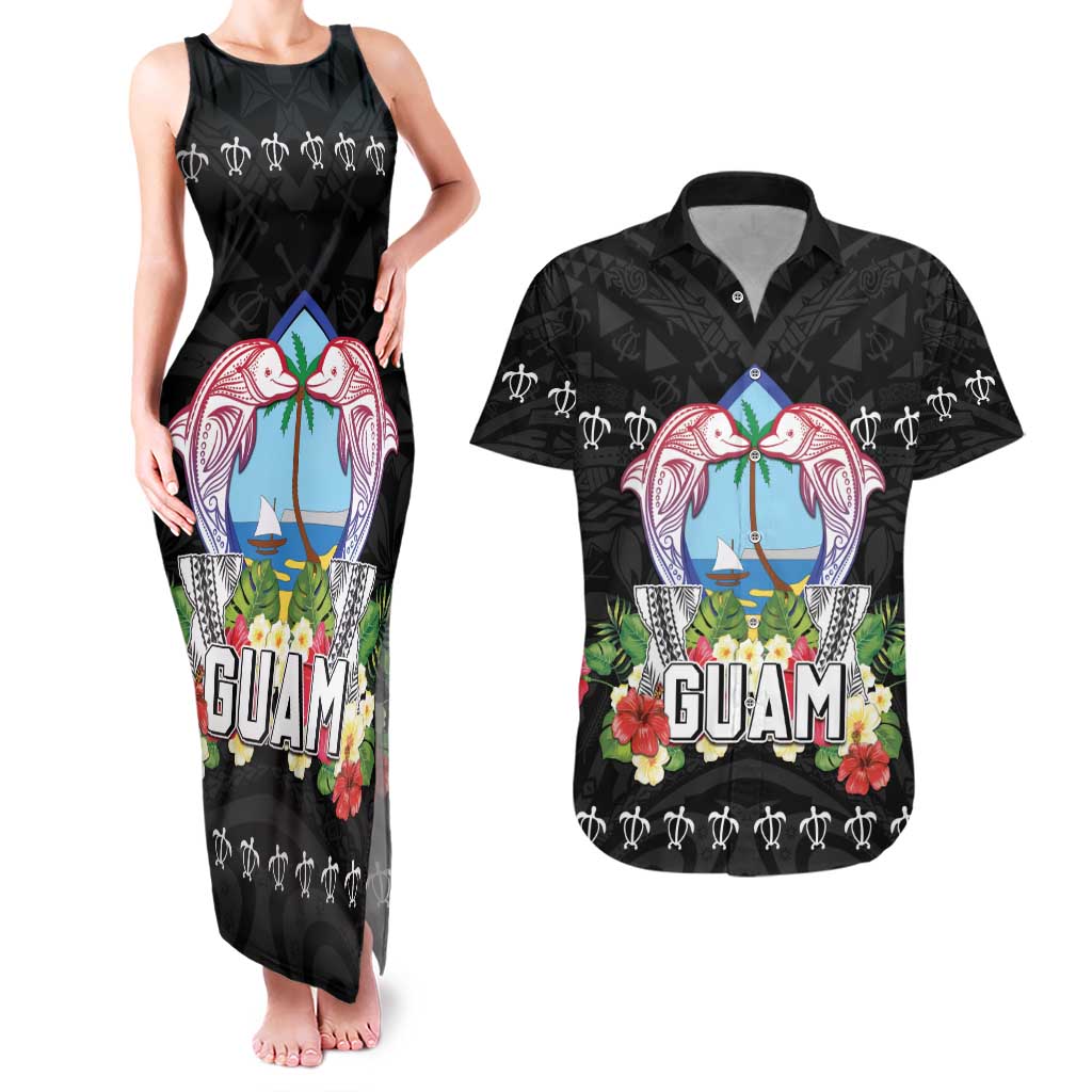 Guam Chamorro Couples Matching Tank Maxi Dress and Hawaiian Shirt Tribal Latte Stone With Dolphins Black