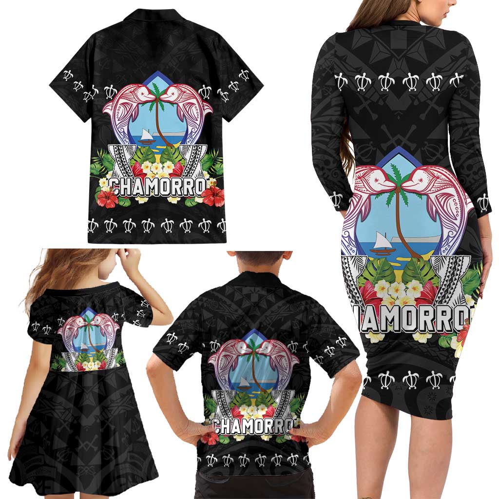 Guam Chamorro Family Matching Long Sleeve Bodycon Dress and Hawaiian Shirt Tribal Latte Stone With Dolphins Black LT05 - Polynesian Pride