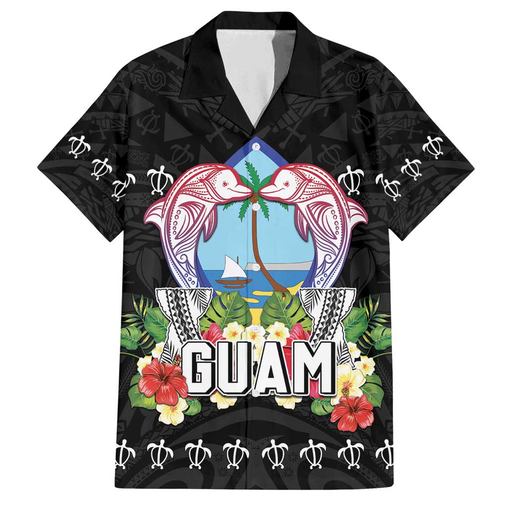 Guam Chamorro Family Matching Long Sleeve Bodycon Dress and Hawaiian Shirt Tribal Latte Stone With Dolphins Black LT05 Dad's Shirt - Short Sleeve Black - Polynesian Pride