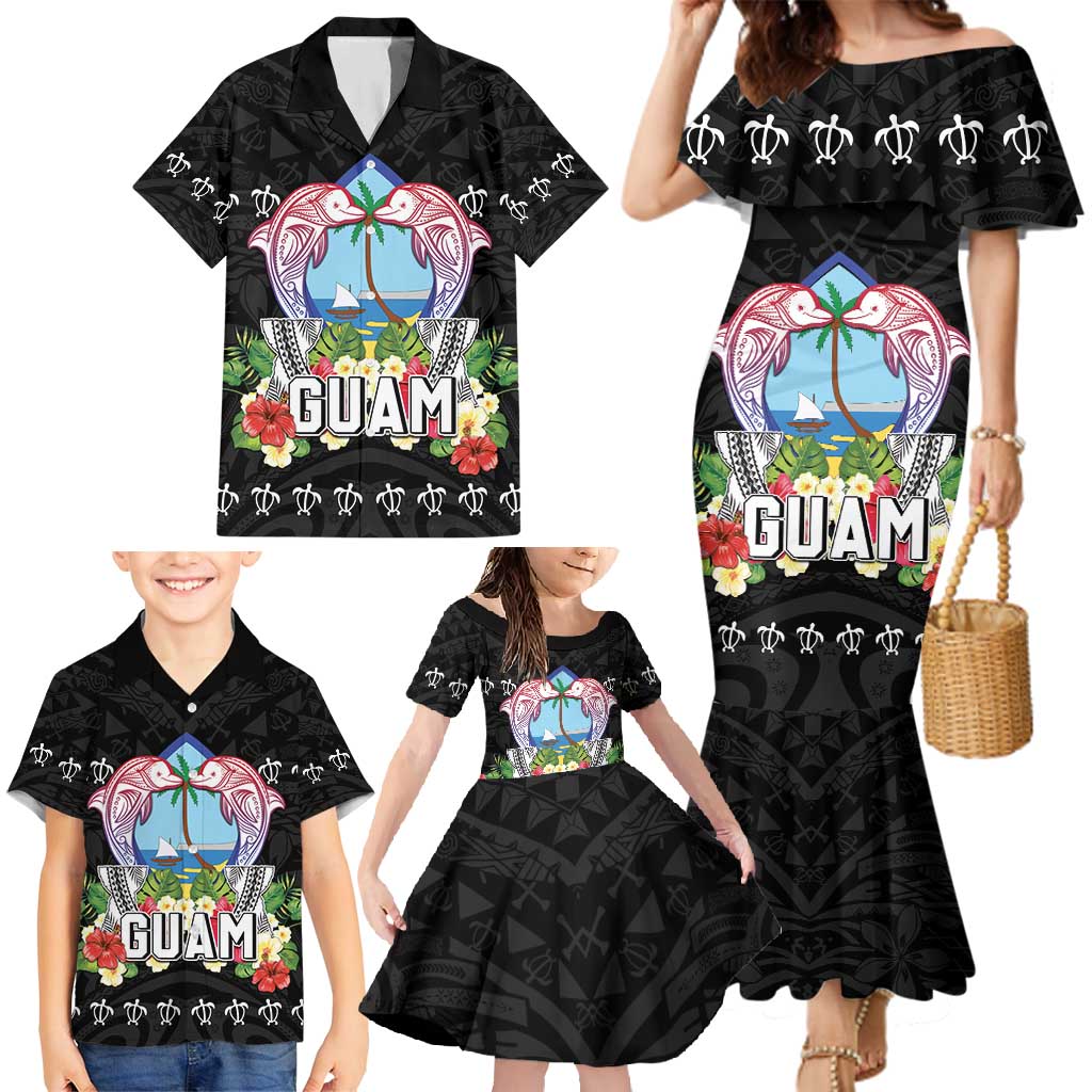 Guam Chamorro Family Matching Mermaid Dress and Hawaiian Shirt Tribal Latte Stone With Dolphins Black