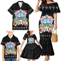 Guam Chamorro Family Matching Mermaid Dress and Hawaiian Shirt Tribal Latte Stone With Dolphins Black LT05 - Polynesian Pride