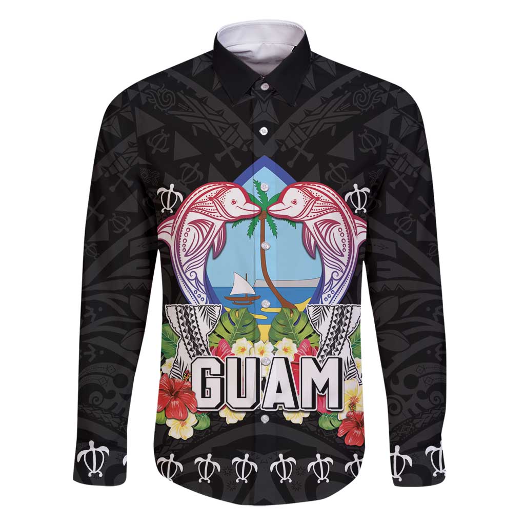 Guam Chamorro Family Matching Mermaid Dress and Hawaiian Shirt Tribal Latte Stone With Dolphins Black LT05 Dad's Shirt - Long Sleeve Black - Polynesian Pride