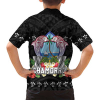 Guam Chamorro Family Matching Off Shoulder Short Dress and Hawaiian Shirt Tribal Latte Stone With Dolphins Black