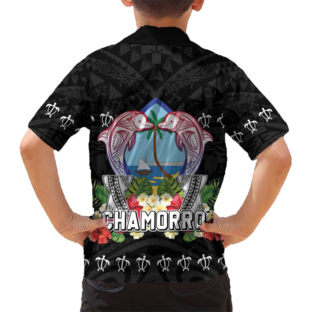 Guam Chamorro Family Matching Short Sleeve Bodycon Dress and Hawaiian Shirt Tribal Latte Stone With Dolphins Black LT05 - Polynesian Pride