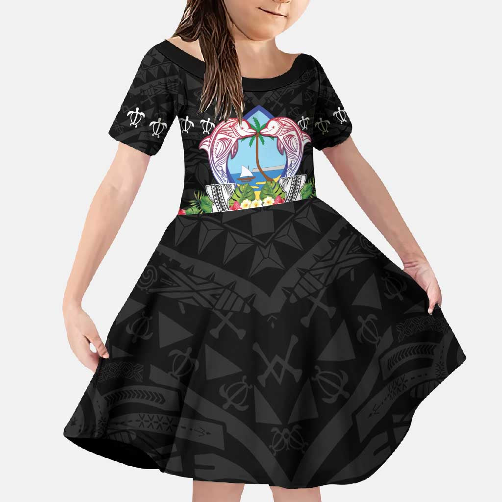 Guam Chamorro Family Matching Short Sleeve Bodycon Dress and Hawaiian Shirt Tribal Latte Stone With Dolphins Black LT05 Daughter's Dress Black - Polynesian Pride