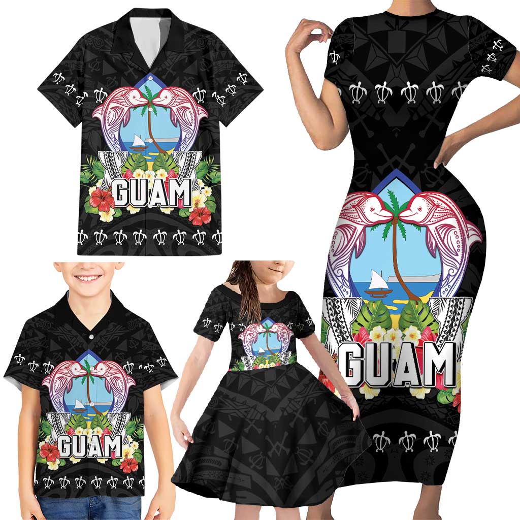 Guam Chamorro Family Matching Short Sleeve Bodycon Dress and Hawaiian Shirt Tribal Latte Stone With Dolphins Black LT05 - Polynesian Pride