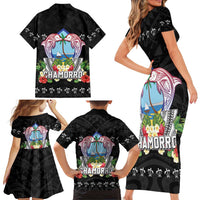 Guam Chamorro Family Matching Short Sleeve Bodycon Dress and Hawaiian Shirt Tribal Latte Stone With Dolphins Black LT05 - Polynesian Pride