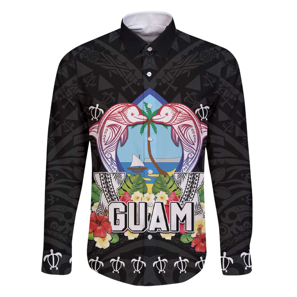 Guam Chamorro Family Matching Short Sleeve Bodycon Dress and Hawaiian Shirt Tribal Latte Stone With Dolphins Black LT05 Dad's Shirt - Long Sleeve Black - Polynesian Pride