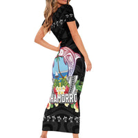 Guam Chamorro Family Matching Short Sleeve Bodycon Dress and Hawaiian Shirt Tribal Latte Stone With Dolphins Black LT05 - Polynesian Pride