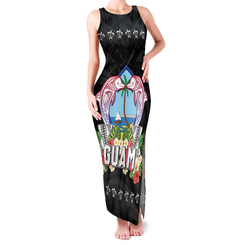 Guam Chamorro Family Matching Tank Maxi Dress and Hawaiian Shirt Tribal Latte Stone With Dolphins Black LT05 Mom's Dress Black - Polynesian Pride