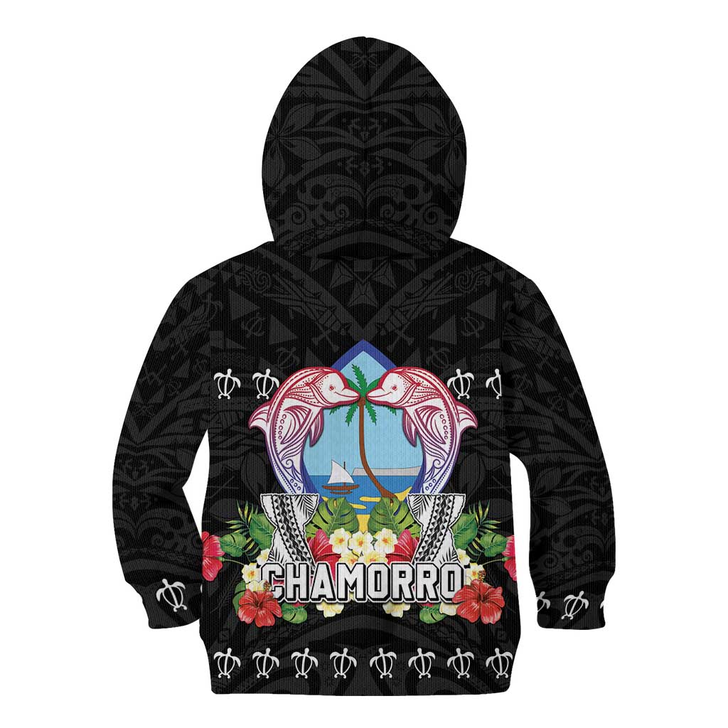 Guam Chamorro Kid Hoodie Tribal Latte Stone With Dolphins Black