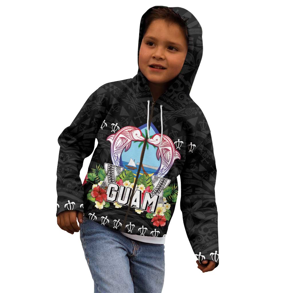 Guam Chamorro Kid Hoodie Tribal Latte Stone With Dolphins Black