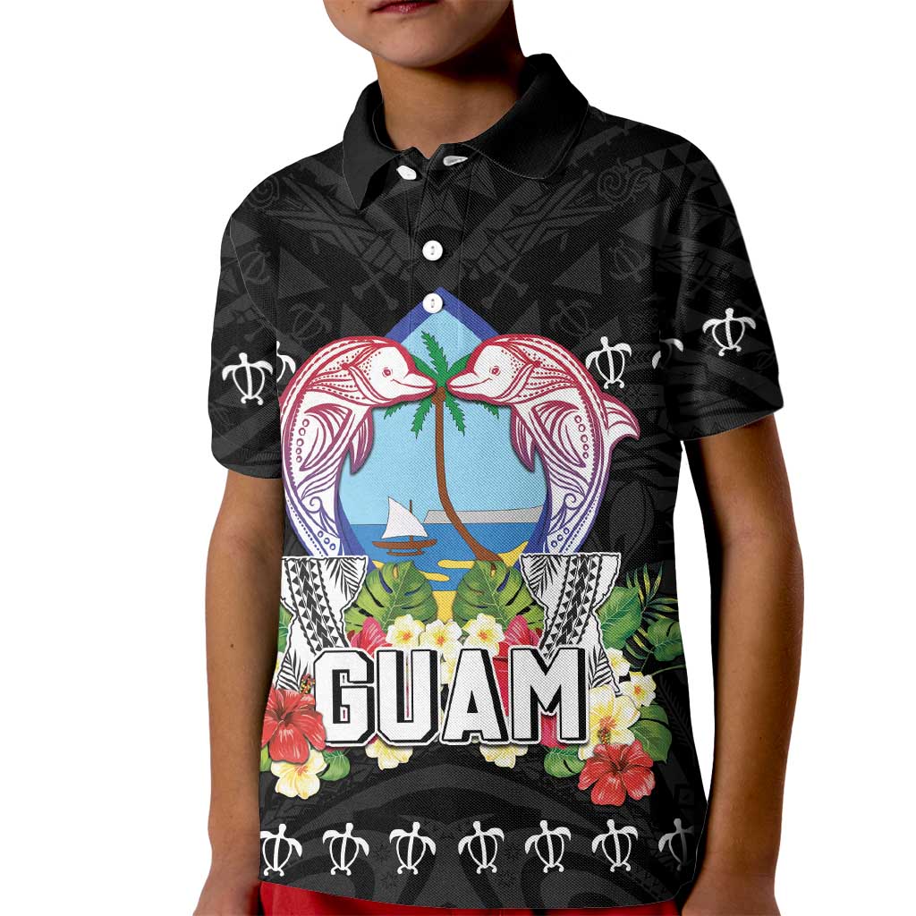 Guam Chamorro Kid Polo Shirt Tribal Latte Stone With Dolphins Black