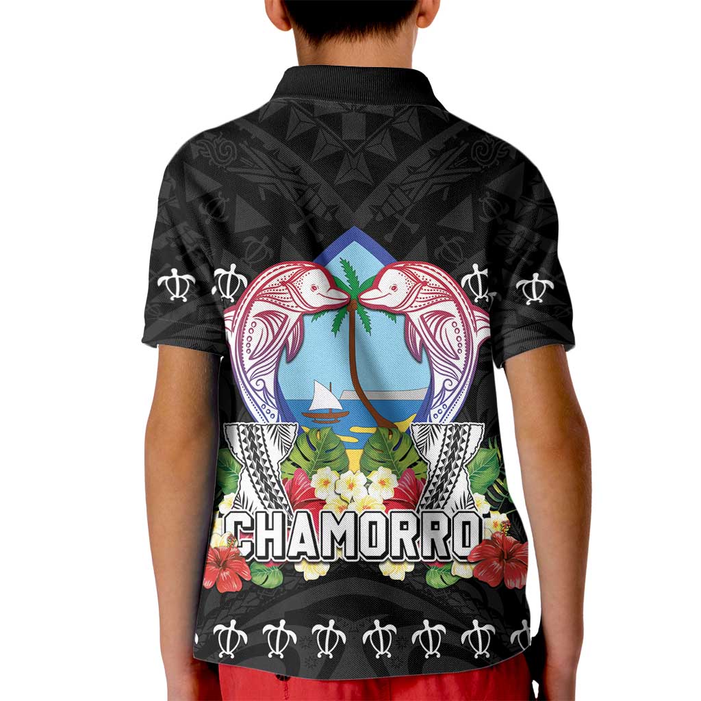 Guam Chamorro Kid Polo Shirt Tribal Latte Stone With Dolphins Black