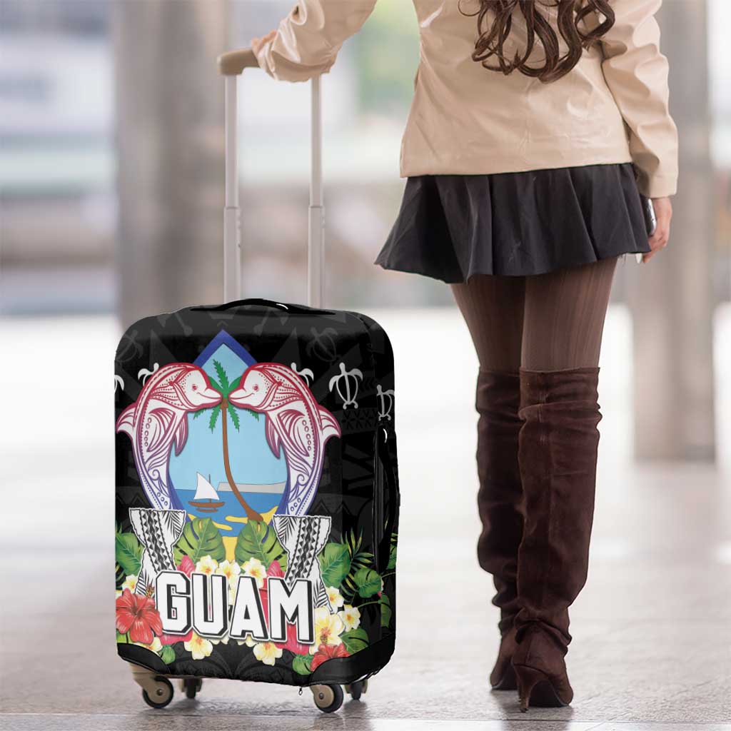 Guam Chamorro Luggage Cover Tribal Latte Stone With Dolphins Black