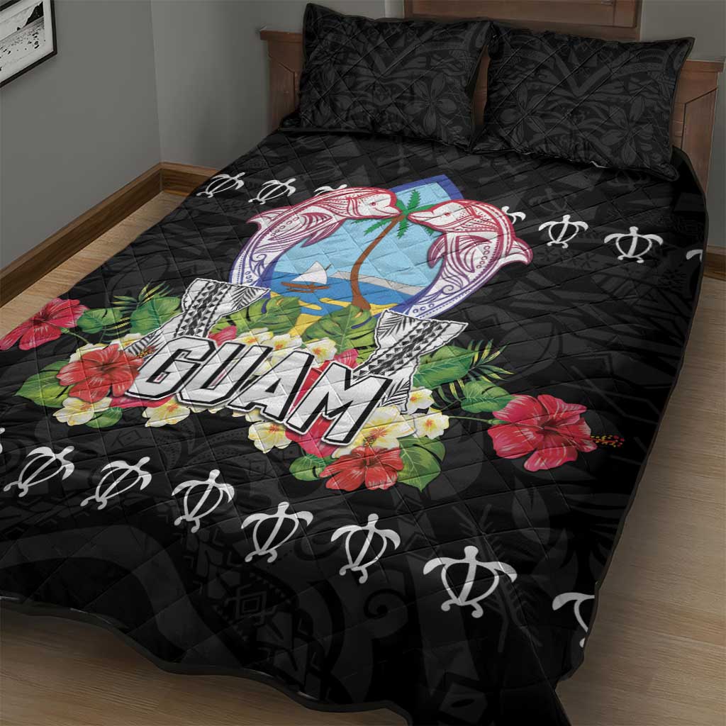 Guam Chamorro Quilt Bed Set Tribal Latte Stone With Dolphins Black