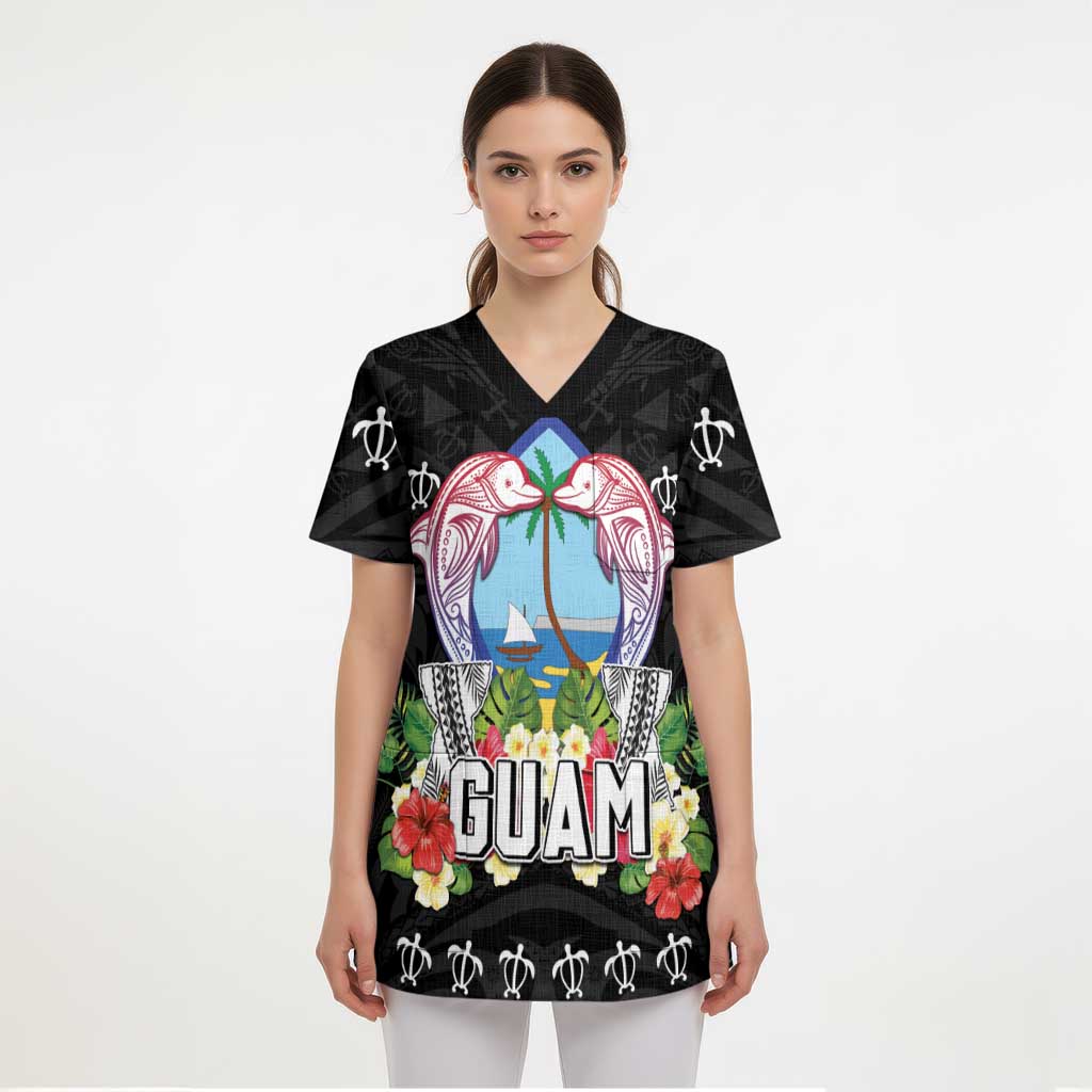 Guam Chamorro Scrub Top Tribal Latte Stone With Dolphins Black - Polynesian Pride