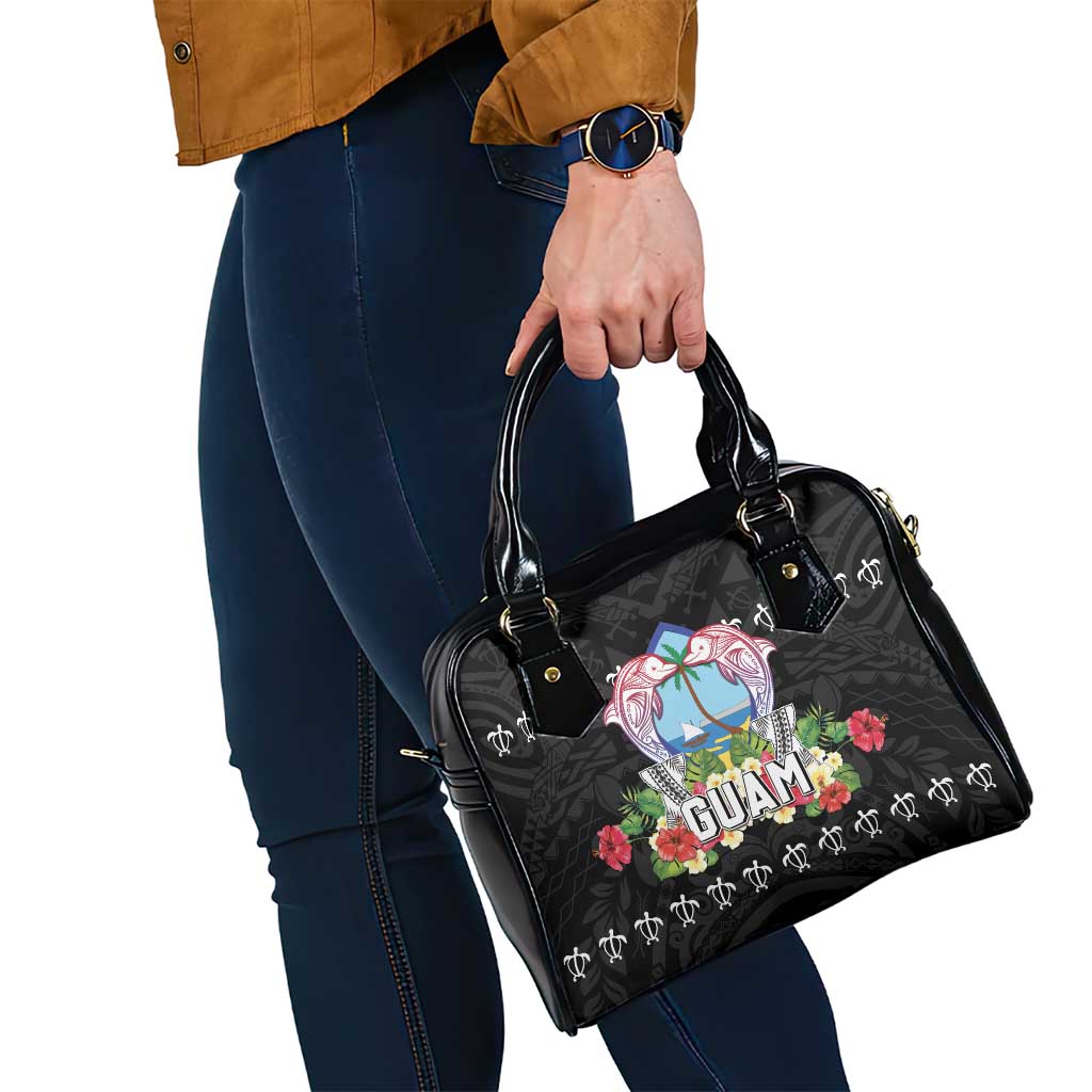 Guam Chamorro Shoulder Handbag Tribal Latte Stone With Dolphins Black