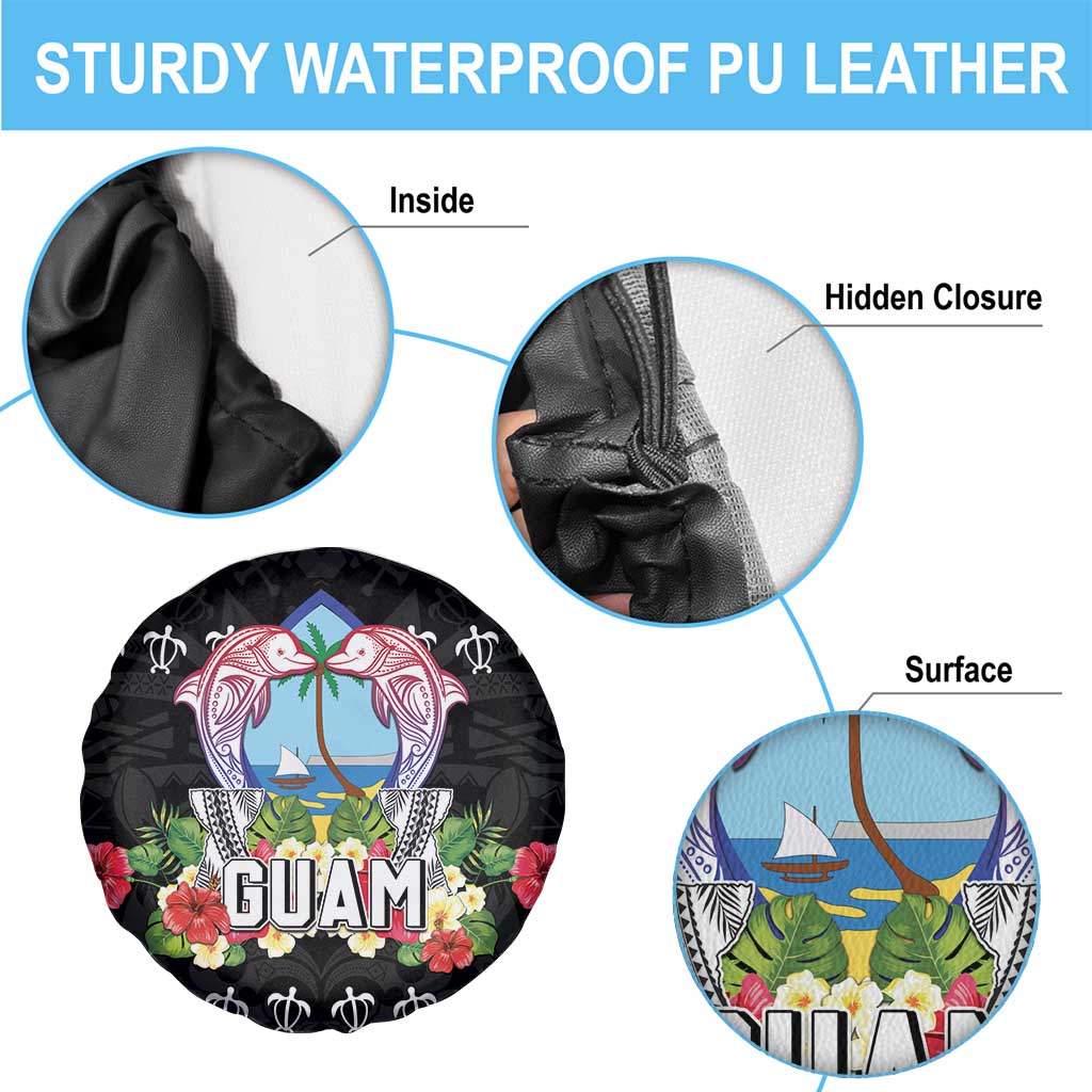Guam Chamorro Spare Tire Cover Tribal Latte Stone With Dolphins Black