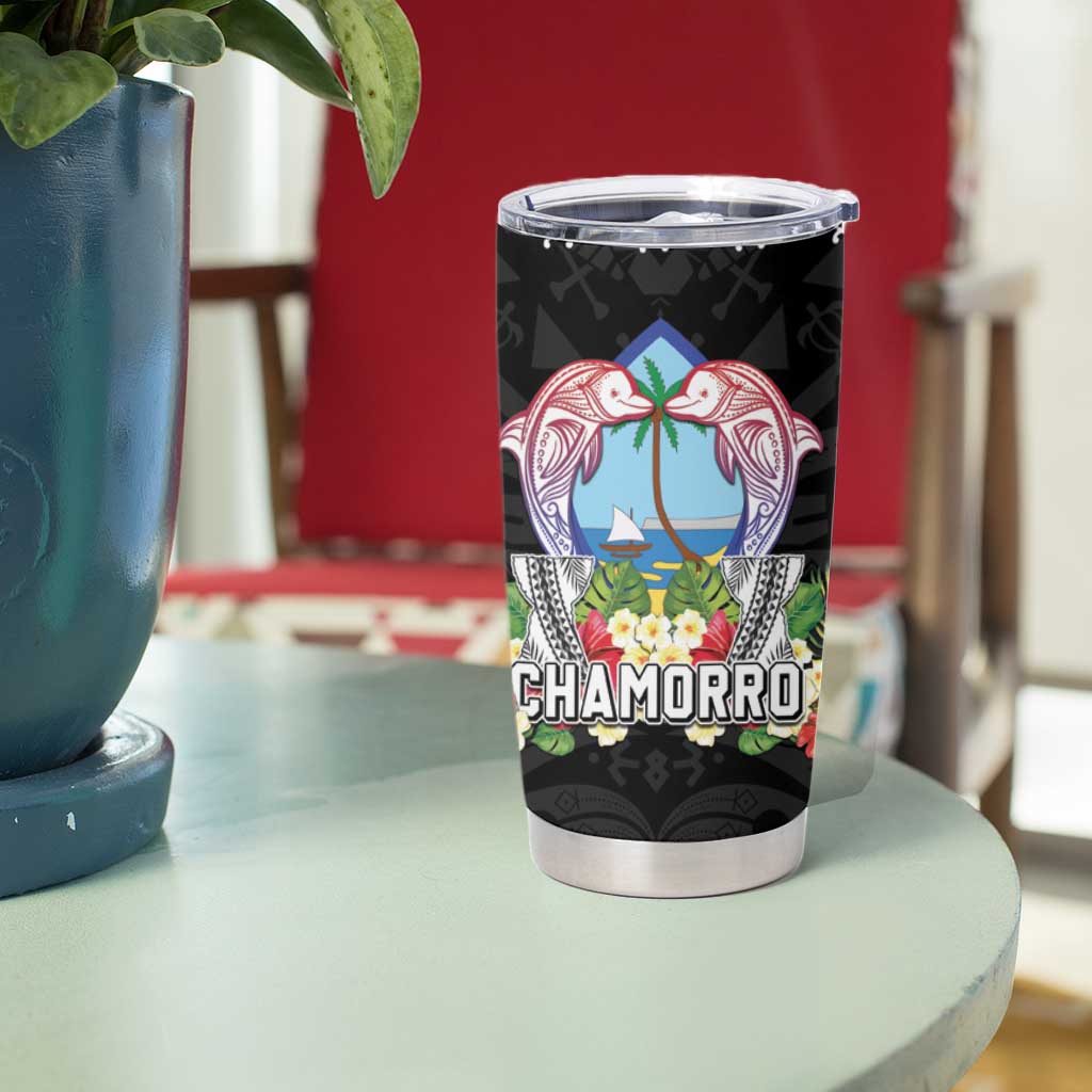 Guam Chamorro Tumbler Cup Tribal Latte Stone With Dolphins Black