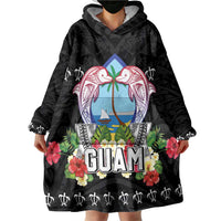 Guam Chamorro Wearable Blanket Hoodie Tribal Latte Stone With Dolphins Black