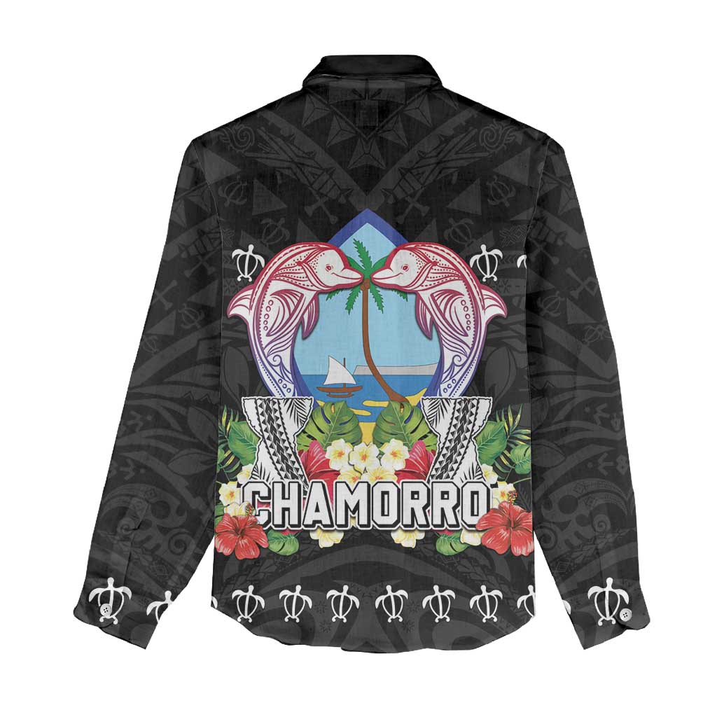 Guam Chamorro Women Casual Shirt Tribal Latte Stone With Dolphins Black