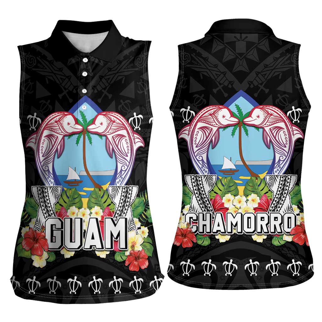 Guam Chamorro Women Sleeveless Polo Shirt Tribal Latte Stone With Dolphins Black