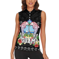 Guam Chamorro Women Sleeveless Polo Shirt Tribal Latte Stone With Dolphins Black