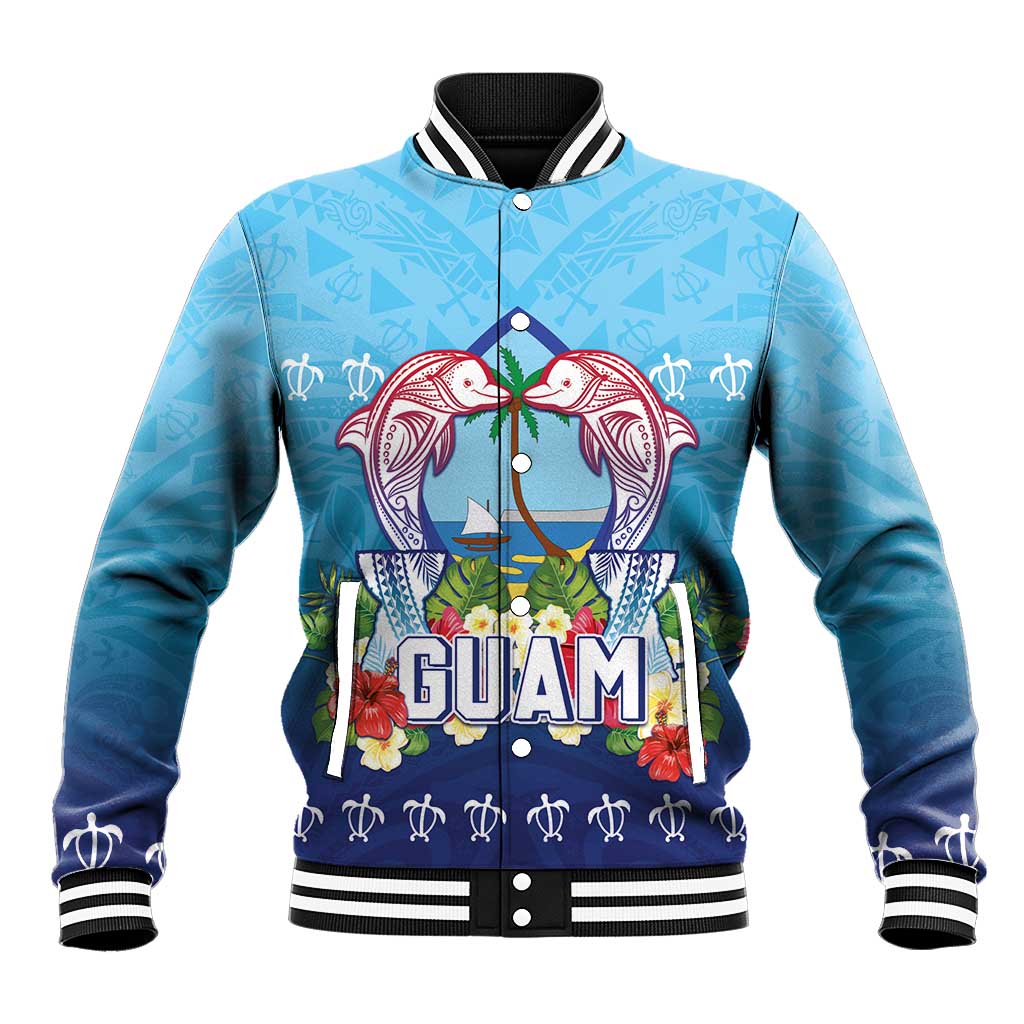 Guam Chamorro Baseball Jacket Tribal Latte Stone With Dolphins Blue