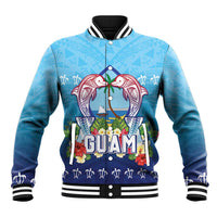 Guam Chamorro Baseball Jacket Tribal Latte Stone With Dolphins Blue