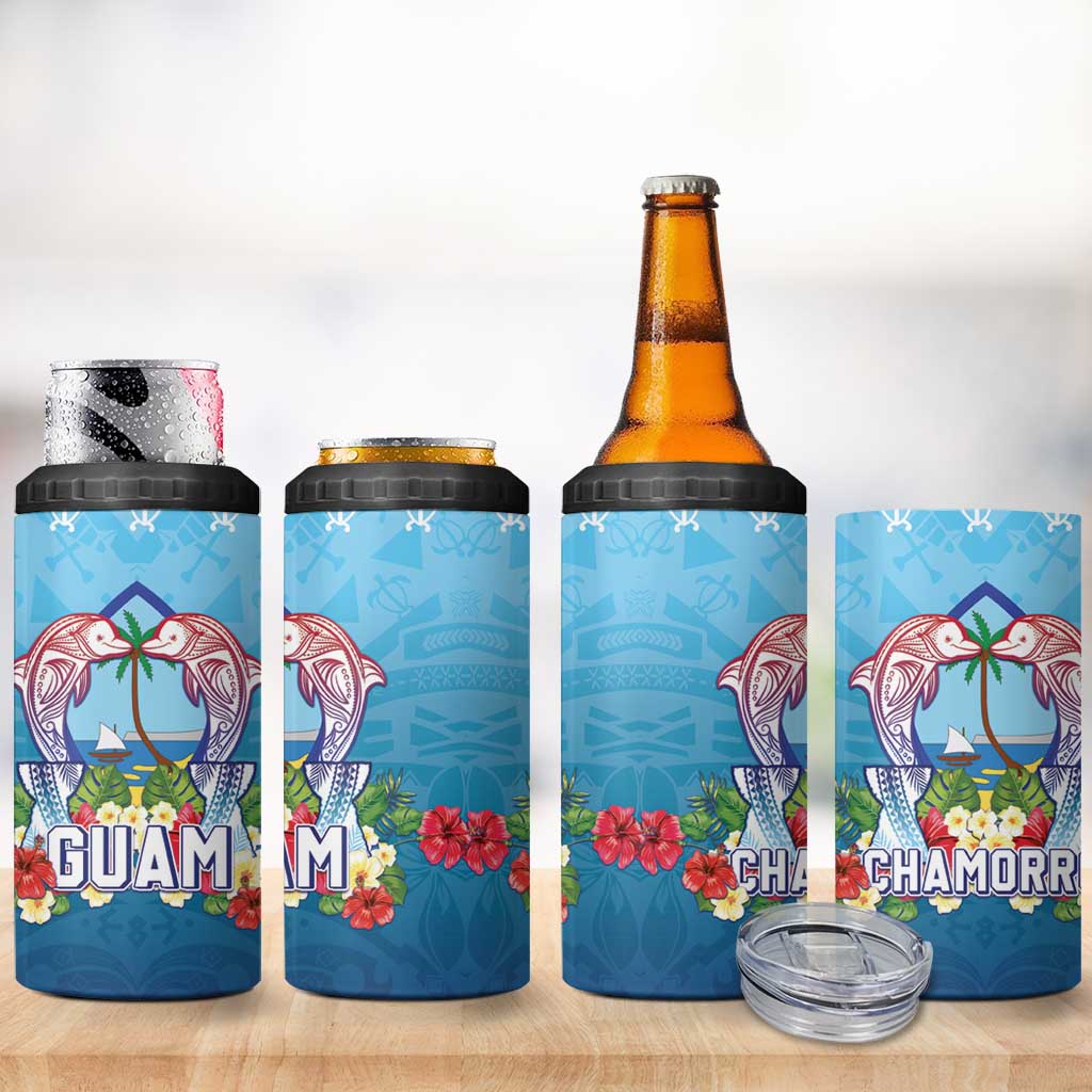 Guam Chamorro 4 in 1 Can Cooler Tumbler Tribal Latte Stone With Dolphins Blue