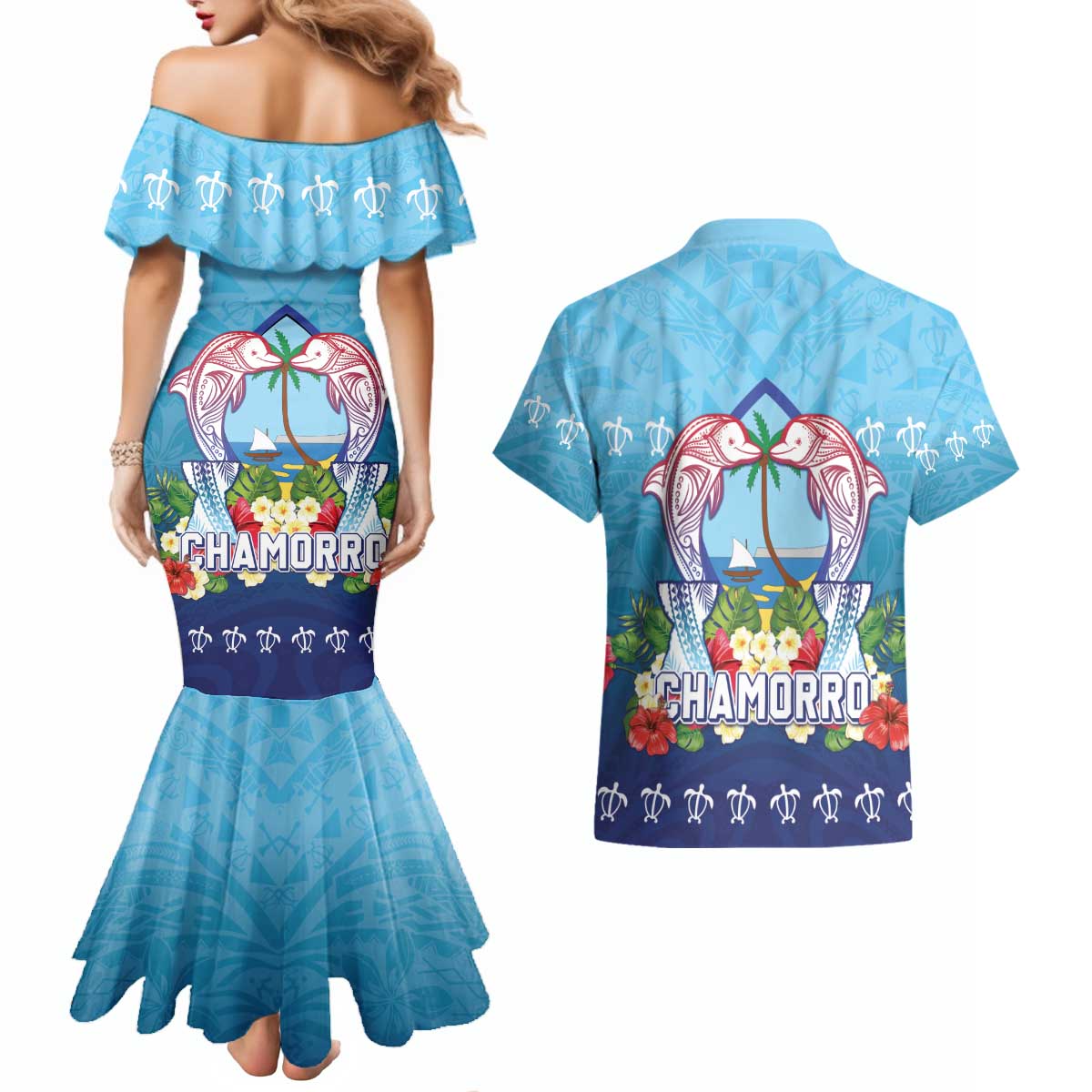 Guam Chamorro Couples Matching Mermaid Dress and Hawaiian Shirt Tribal Latte Stone With Dolphins Blue