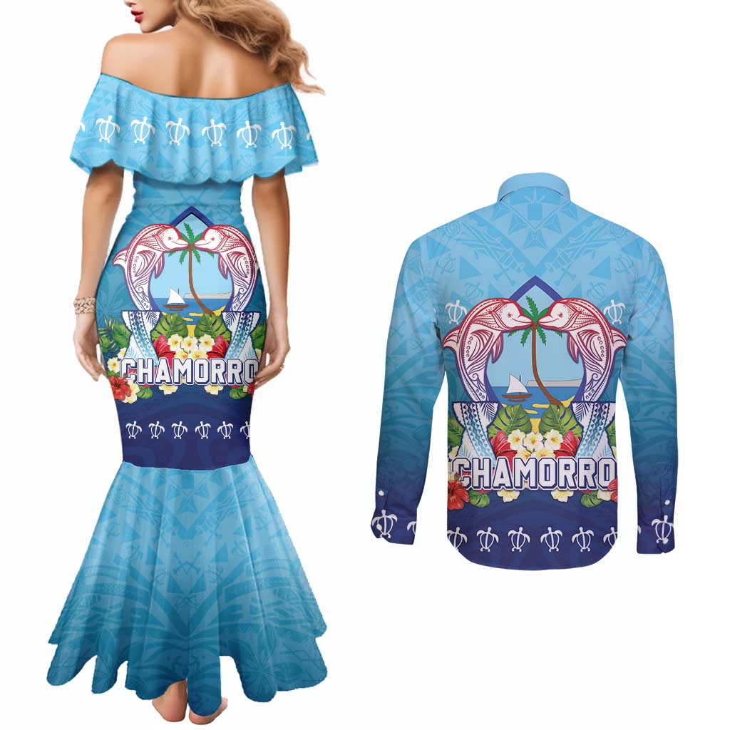 Guam Chamorro Couples Matching Mermaid Dress and Long Sleeve Button Shirt Tribal Latte Stone With Dolphins Blue