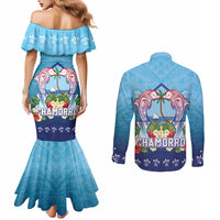 Guam Chamorro Couples Matching Mermaid Dress and Long Sleeve Button Shirt Tribal Latte Stone With Dolphins Blue