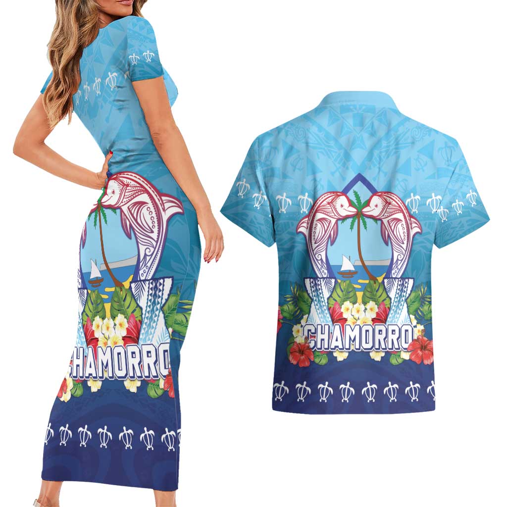 Guam Chamorro Couples Matching Short Sleeve Bodycon Dress and Hawaiian Shirt Tribal Latte Stone With Dolphins Blue