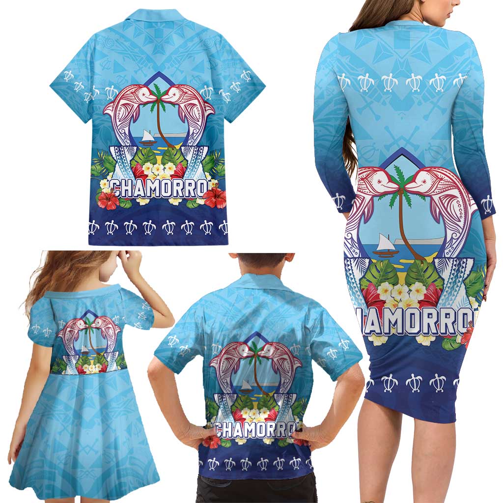 Guam Chamorro Family Matching Long Sleeve Bodycon Dress and Hawaiian Shirt Tribal Latte Stone With Dolphins Blue LT05 - Polynesian Pride