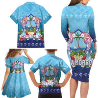 Guam Chamorro Family Matching Long Sleeve Bodycon Dress and Hawaiian Shirt Tribal Latte Stone With Dolphins Blue LT05 - Polynesian Pride