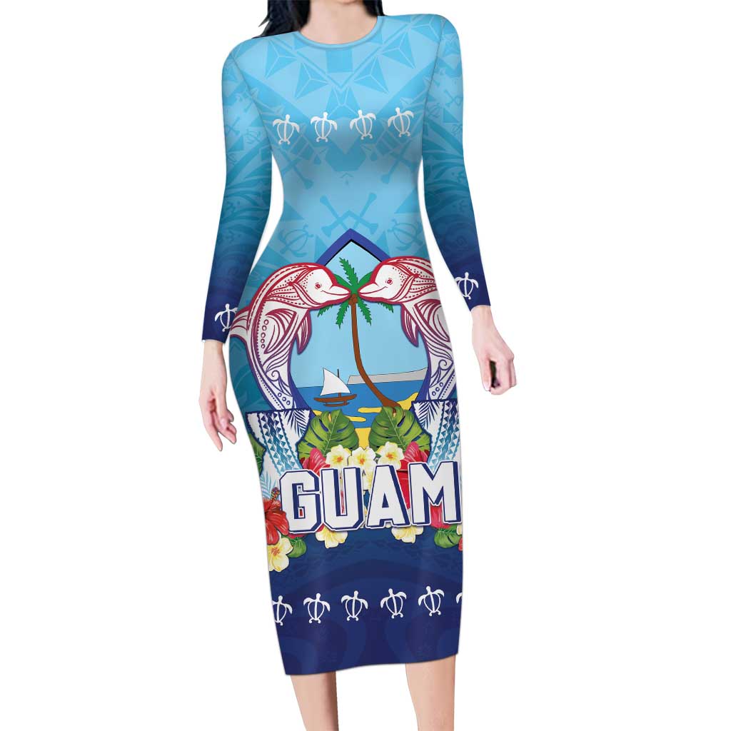 Guam Chamorro Family Matching Long Sleeve Bodycon Dress and Hawaiian Shirt Tribal Latte Stone With Dolphins Blue LT05 Mom's Dress Blue - Polynesian Pride