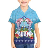 Guam Chamorro Family Matching Long Sleeve Bodycon Dress and Hawaiian Shirt Tribal Latte Stone With Dolphins Blue LT05 Son's Shirt Blue - Polynesian Pride