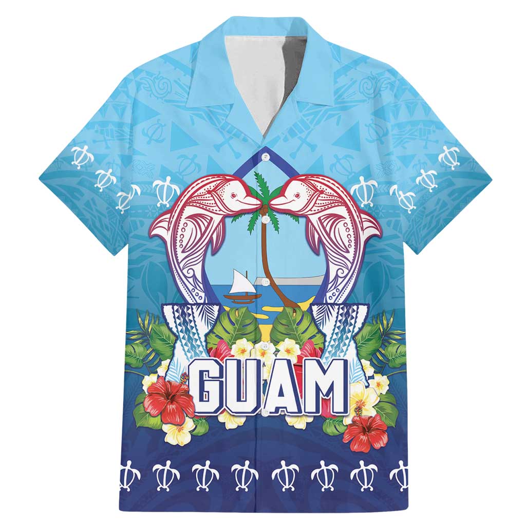 Guam Chamorro Family Matching Mermaid Dress and Hawaiian Shirt Tribal Latte Stone With Dolphins Blue LT05 Dad's Shirt - Short Sleeve Blue - Polynesian Pride