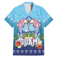 Guam Chamorro Family Matching Mermaid Dress and Hawaiian Shirt Tribal Latte Stone With Dolphins Blue LT05 Dad's Shirt - Short Sleeve Blue - Polynesian Pride